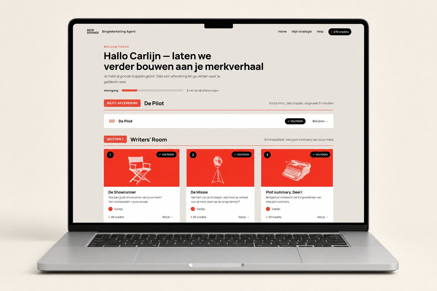 Het dashboard van de BingeMarketing Agent op een laptop