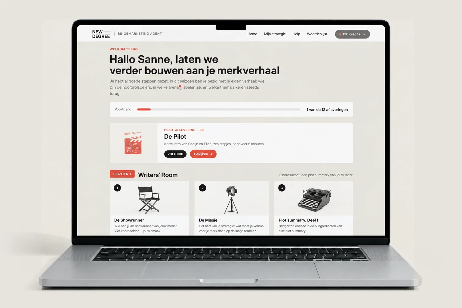 Het dashboard van de BingeMarketing Agent op een laptop