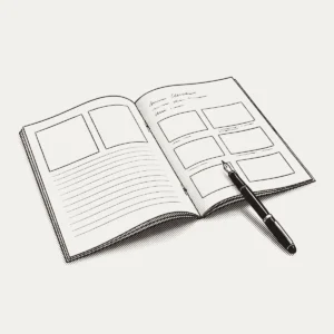 Illustratie van het opengeslagen BingeMarketing werkboek met een vulpen