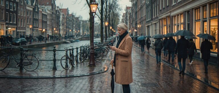 Een vrouw in een camelkleurige jas staat stil op een regenachtige Amsterdamse gracht terwijl een grijze stroom mensen met paraplu's langs haar loopt