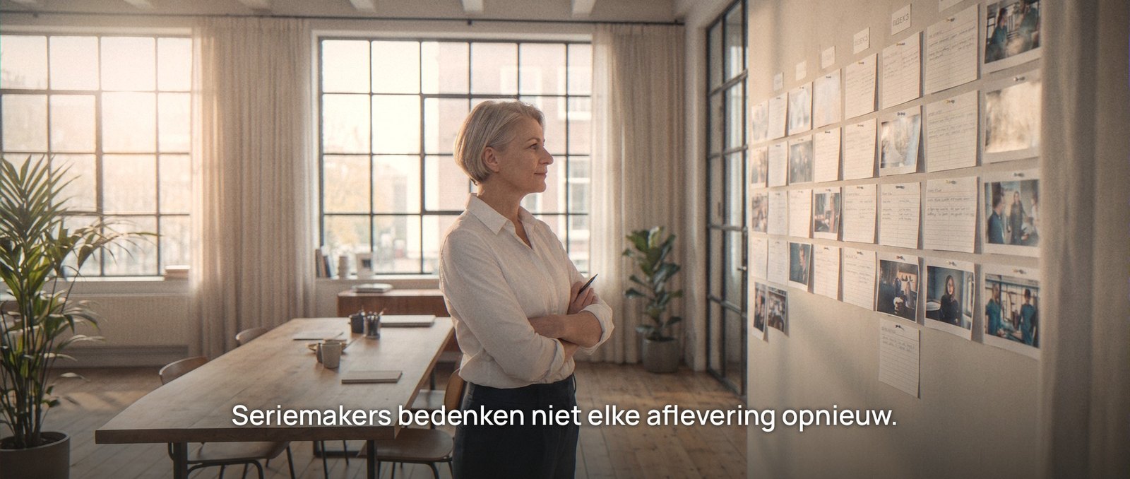 In een lichte loft bekijkt ze tevreden een muur vol kaartjes, haar verhaal als afleveringen van een serie