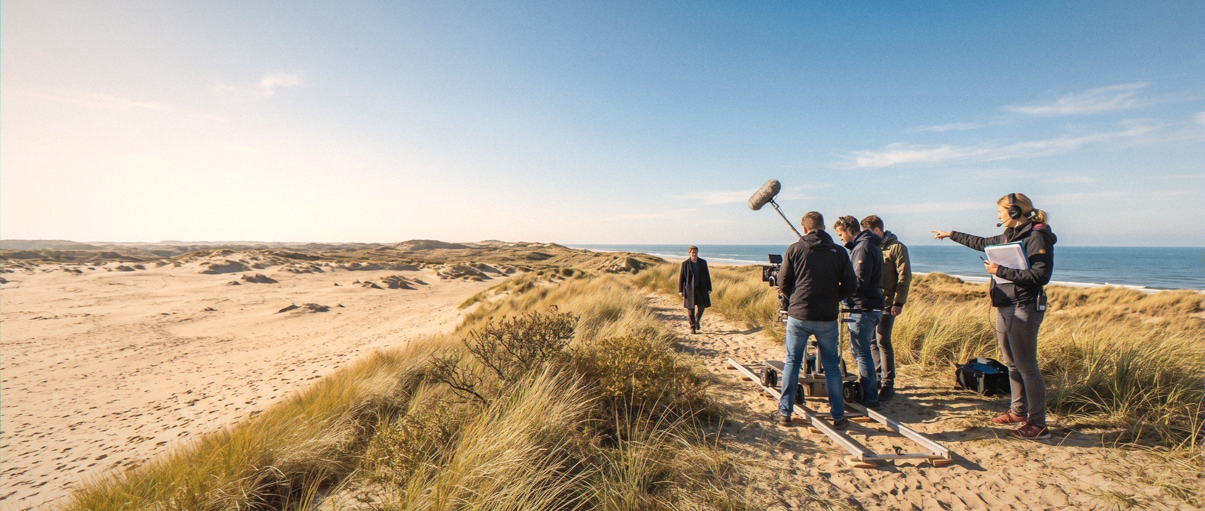 Een kleine filmploeg draait op een zonnige ochtend een scène in de duinen